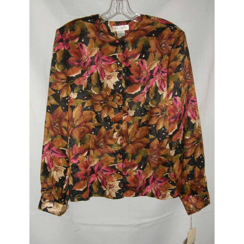 NEW Vintage Colorful Flora Sz 8 Church Office Silky Long Sleeve Blouse EJ HARPER
